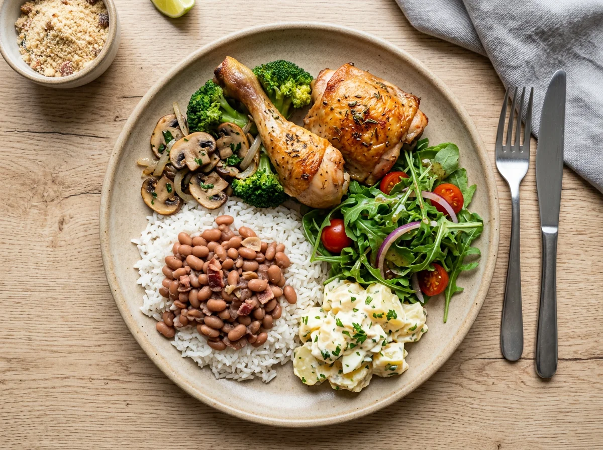 Prato variado com frango, salada e feijão photo