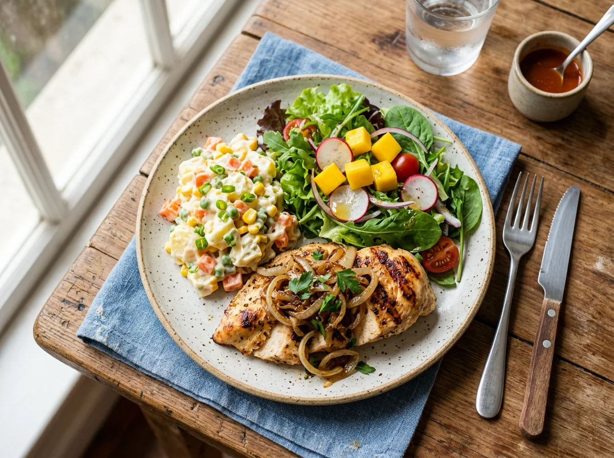 Prato variado com frango, salada e massa photo