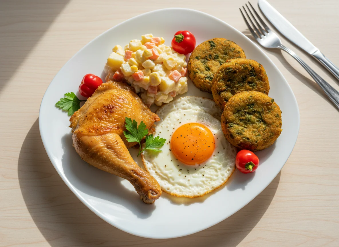 Prato variado com frango, salada, ovo e bolinhos photo