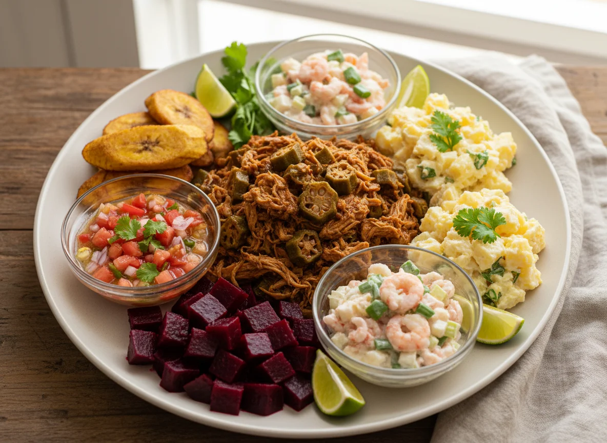 Prato variado com frango, saladas e acompanhamentos photo