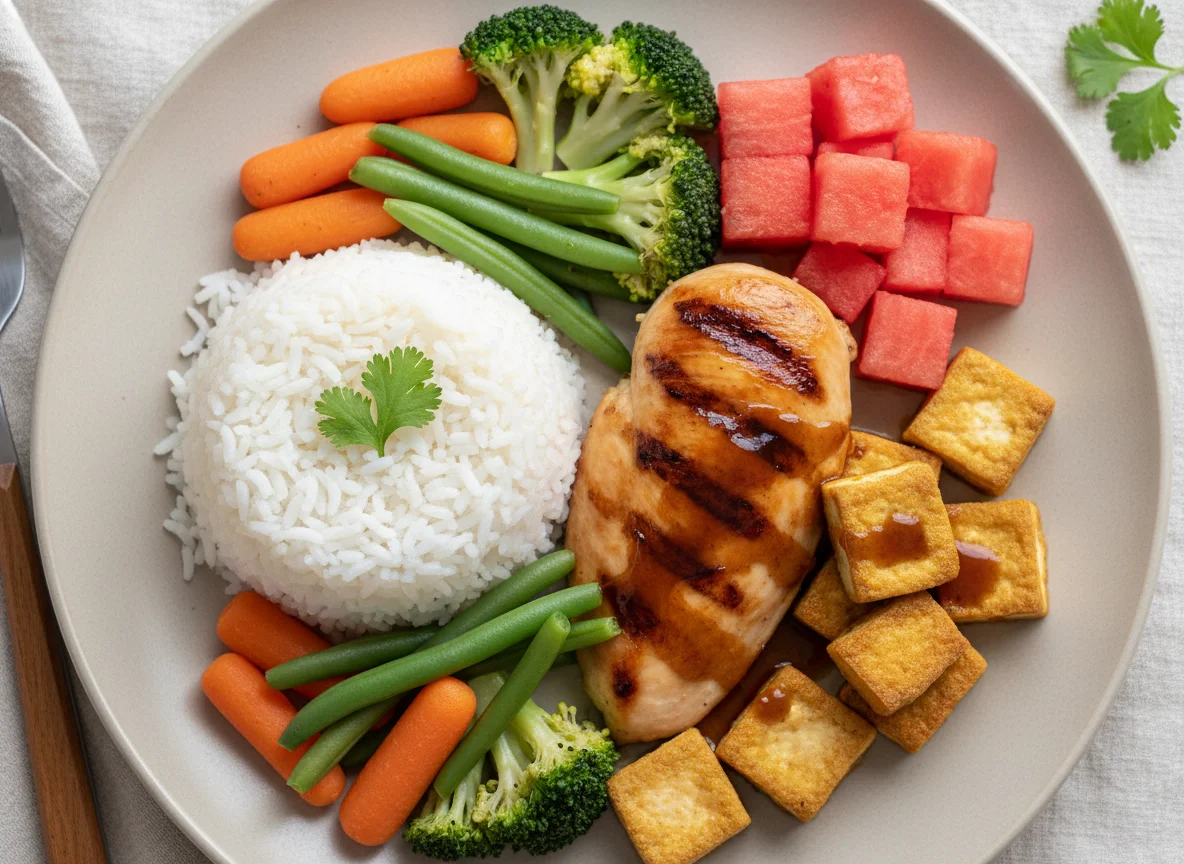 Prato variado com frango, tofu e vegetais photo