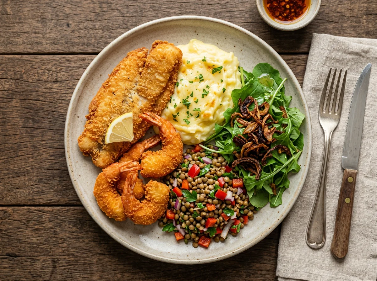 Prato variado com frutos do mar e acompanhamentos photo