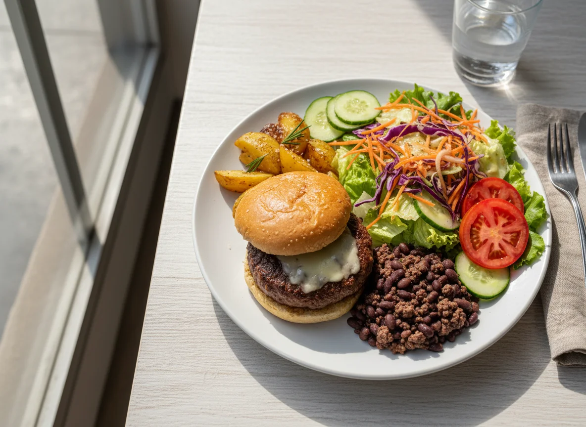 Prato variado com hambúrguer e salada photo