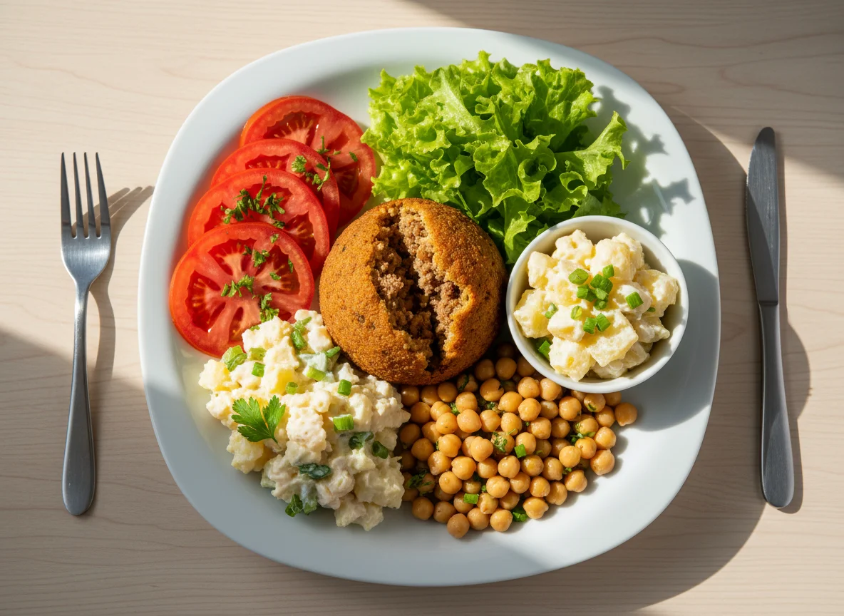 Prato variado com kibe e saladas photo