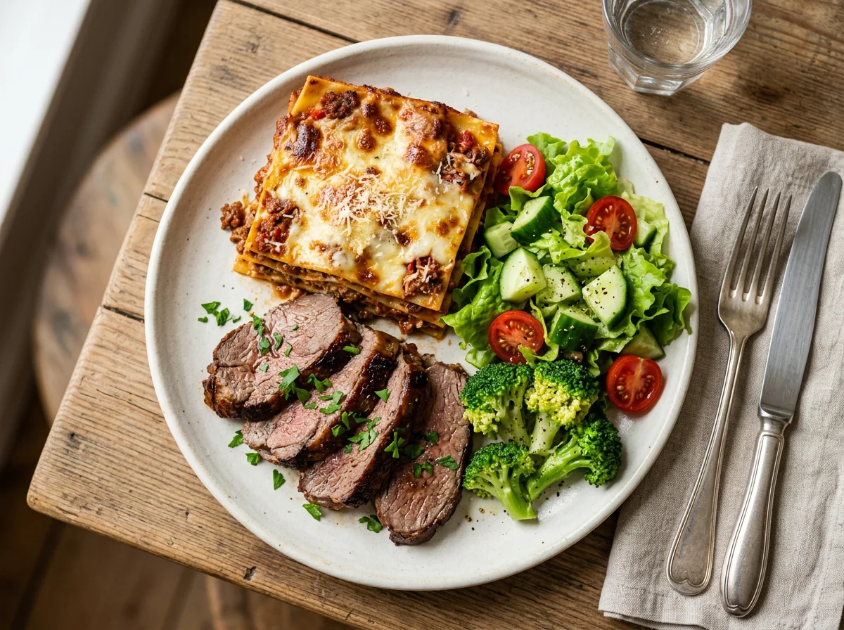 Prato variado com lasanha, carne e salada photo