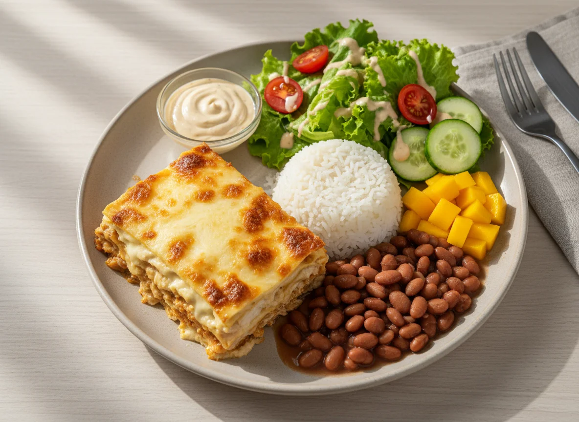 Prato variado com lasanha de frango photo