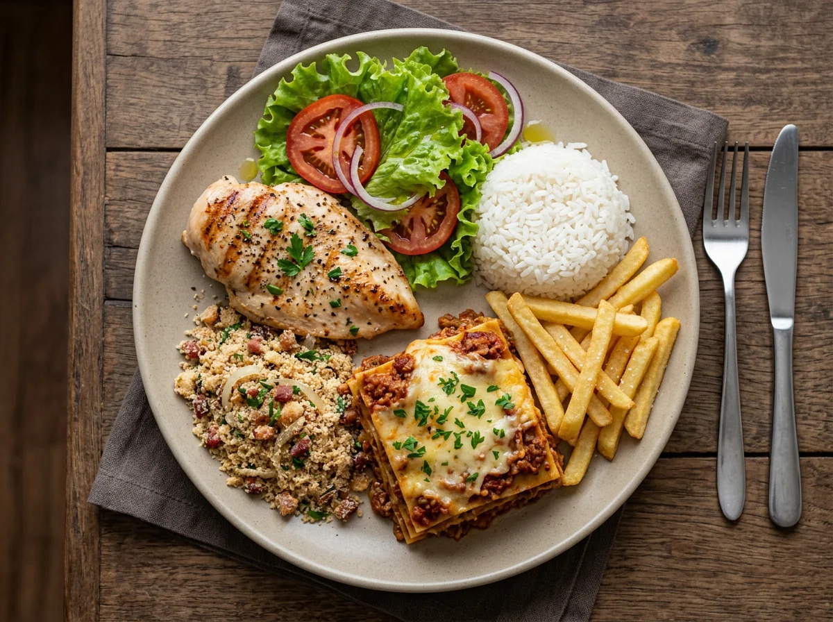 Prato variado com lasanha, frango e acompanhamentos photo