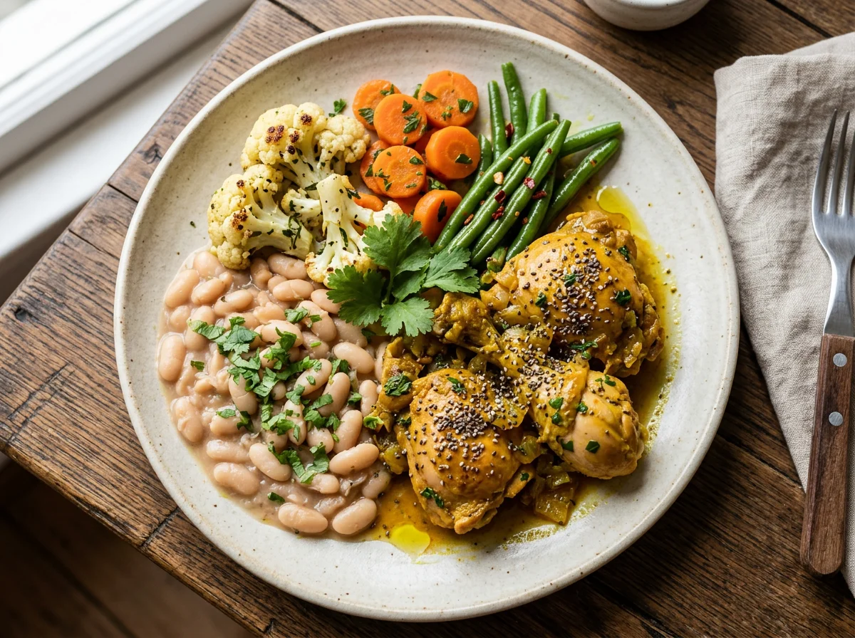Prato variado com legumes, feijão e frango photo