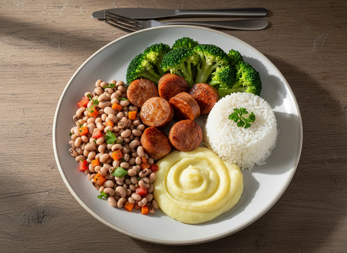 Prato variado com linguiça e acompanhamentos photo