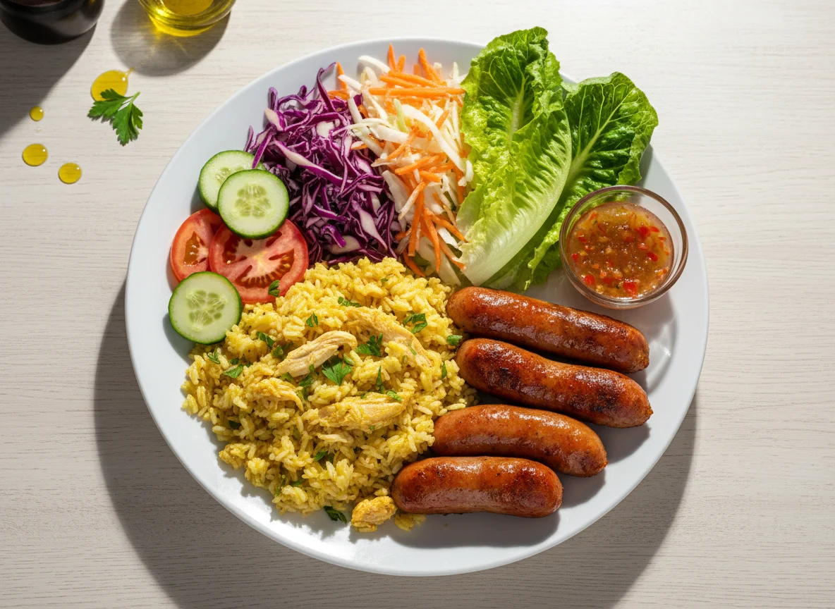 Prato variado com linguiça e salada photo