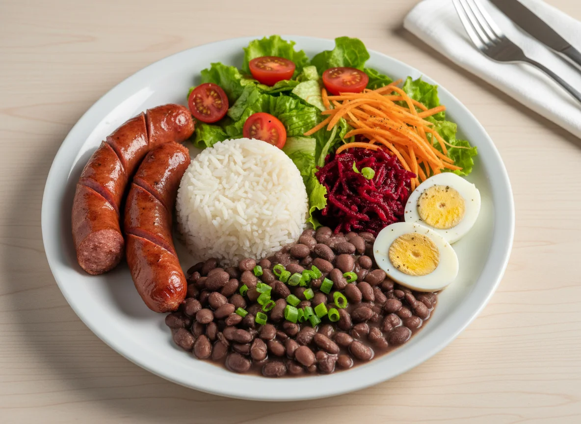 Prato variado com linguiça, feijão e salada photo