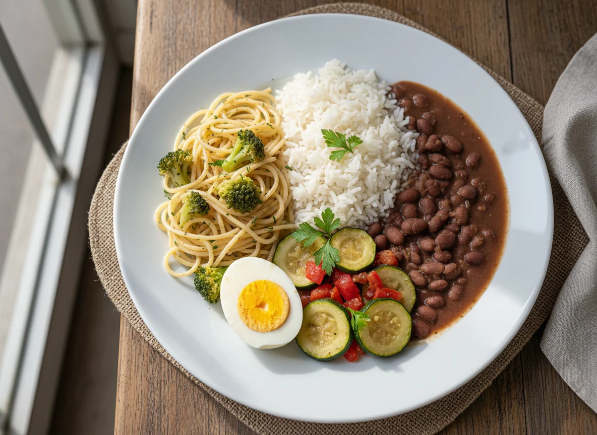 Prato variado com macarrão, arroz, feijão, legumes e ovos photo