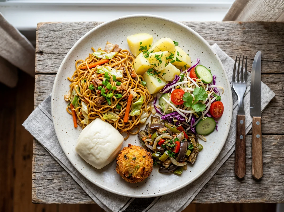 Prato variado com macarrão, batatas e salada photo