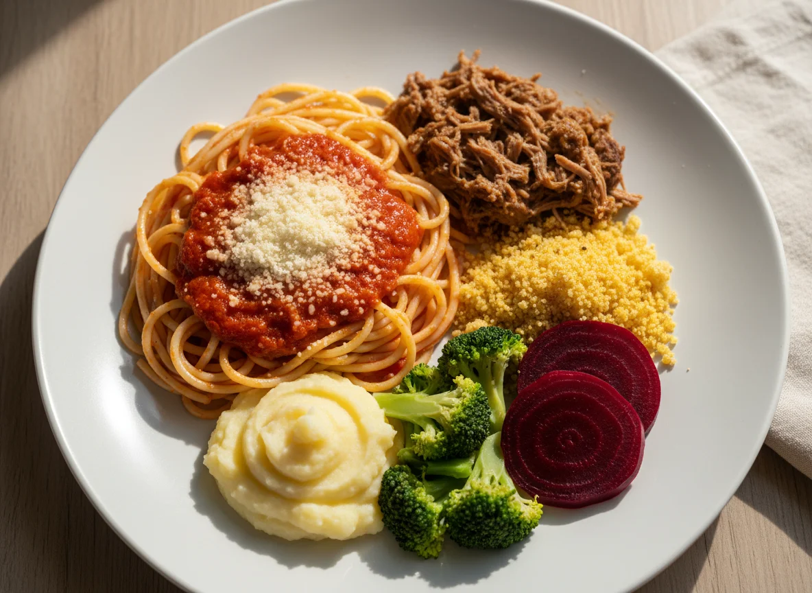 Prato variado com macarrão, carne, purê e legumes photo