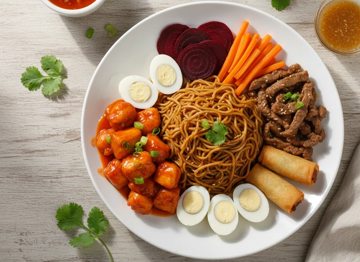 Prato variado com macarrão, carnes e vegetais photo