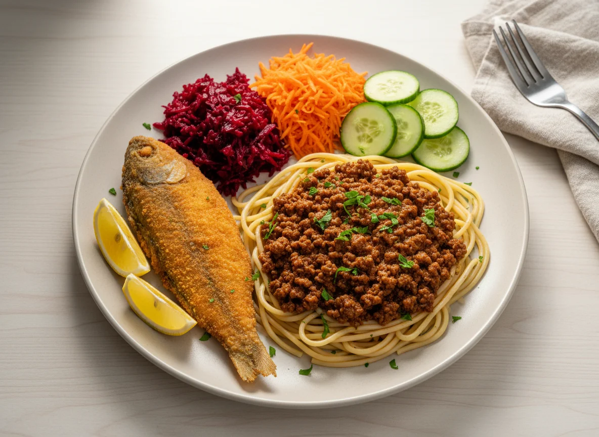 Prato variado com macarrão e salada photo