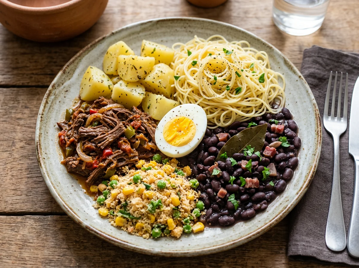 Prato variado com macarrão, feijão e ovo photo