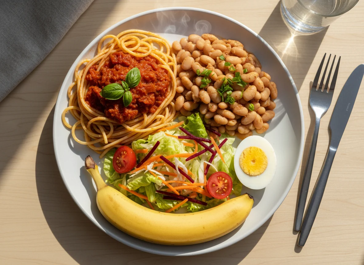 Prato variado com macarrão, feijão, salada, ovos e banana photo