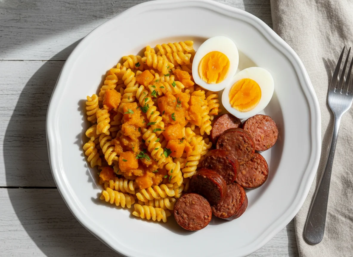 Prato variado com macarrão, molho, ovos e linguiça photo