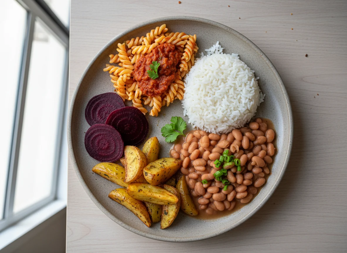Prato variado com massa, arroz, feijão, beterraba e batata rústica photo