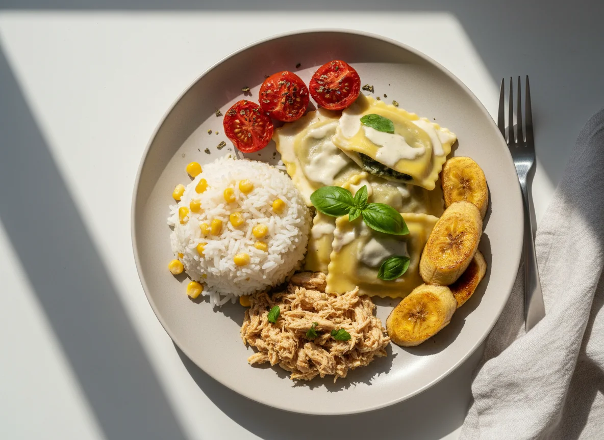 Prato variado com massa, arroz, frango e banana photo