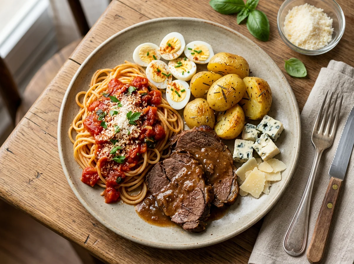 Prato variado com massa, carne e queijos photo