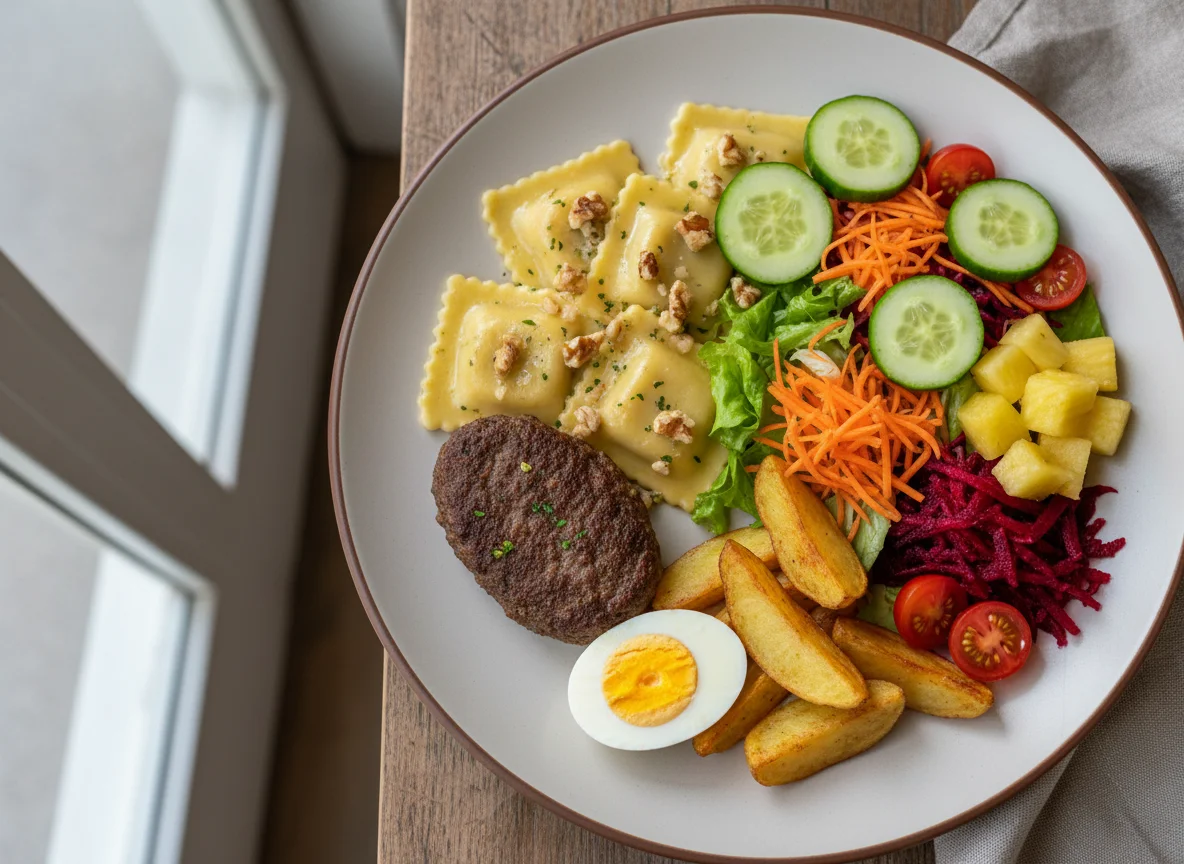 Prato variado com massa, carne e salada photo