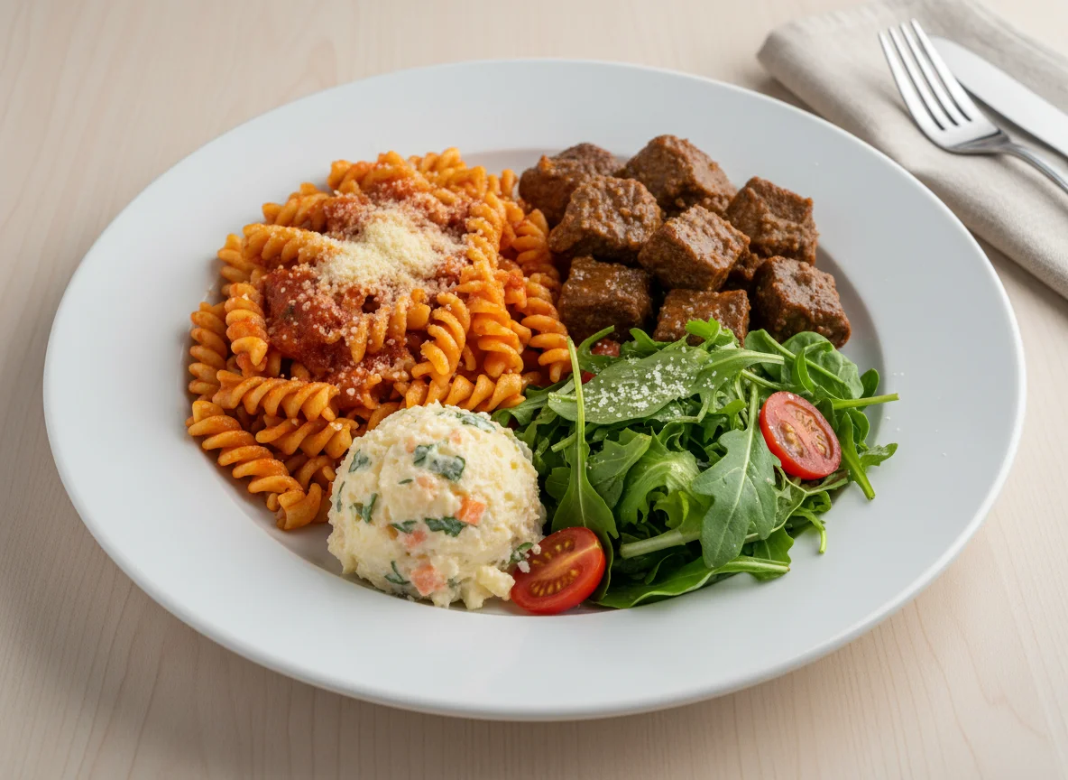 Prato variado com massa, carne, salada e batata photo