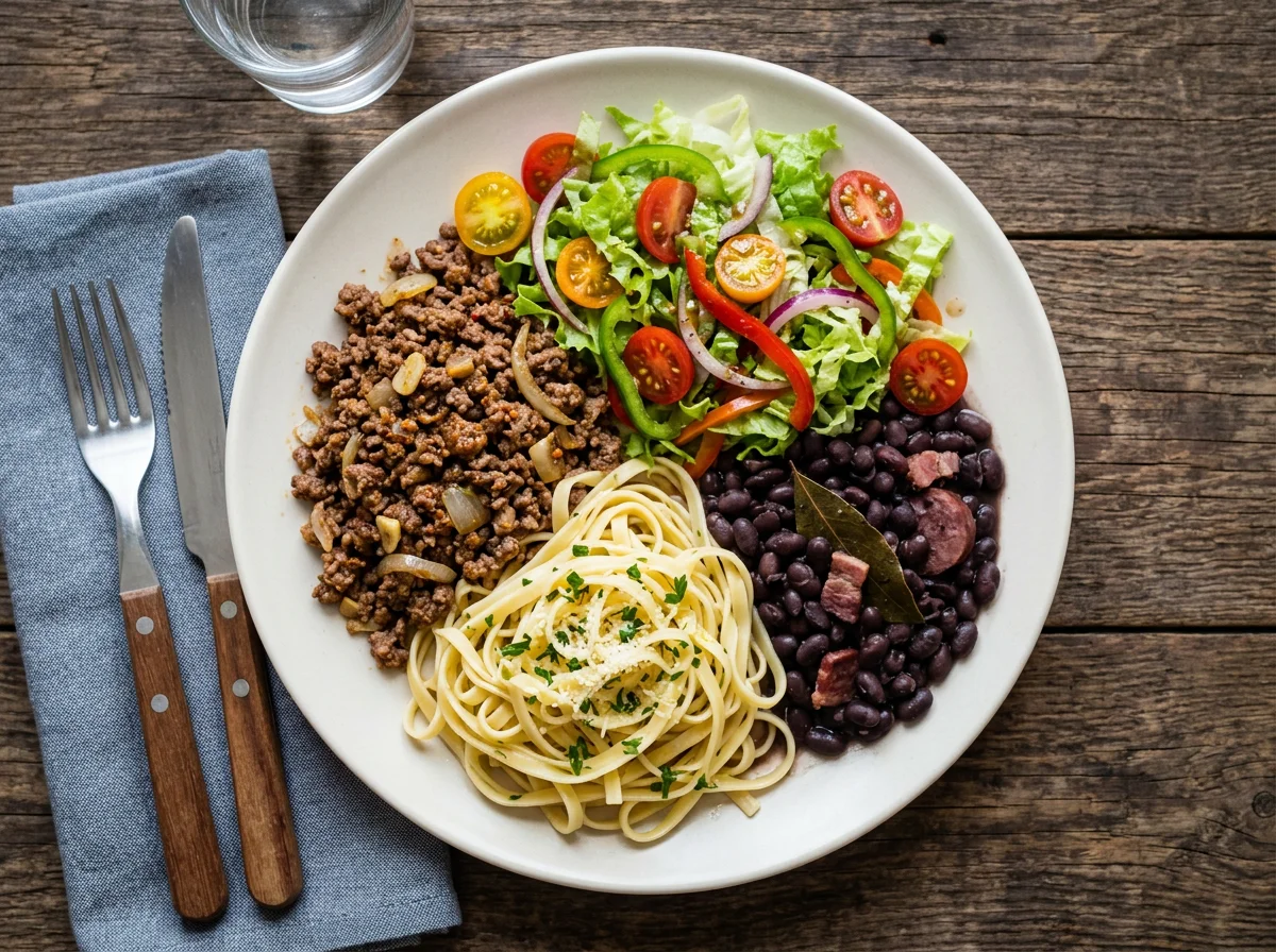 Prato variado com massa e carne moída photo