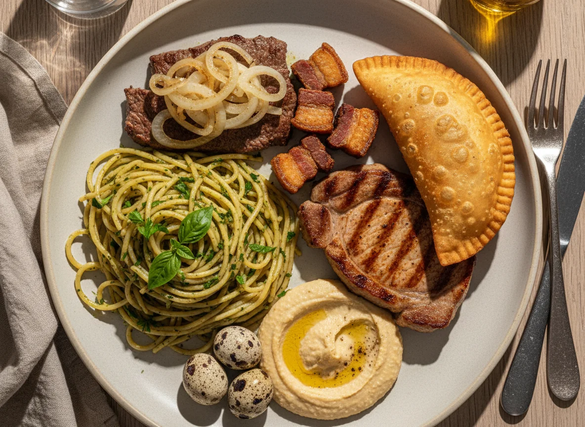 Prato variado com massa e carnes photo