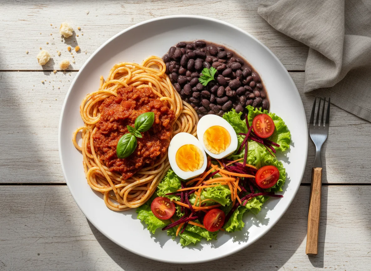 Prato variado com massa, feijão, salada e ovos photo