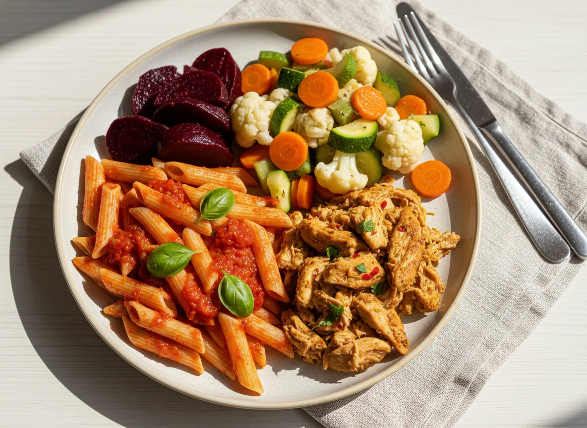 Prato variado com massa, frango e vegetais photo
