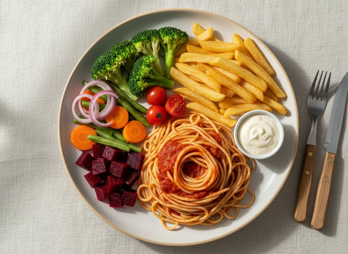 Prato variado com massa, legumes e acompanhamentos photo