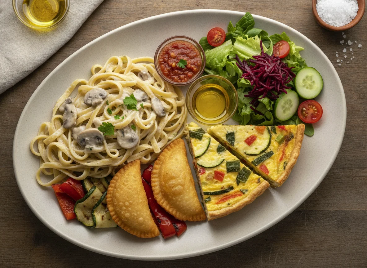 Prato variado com massa, pastel e salada photo