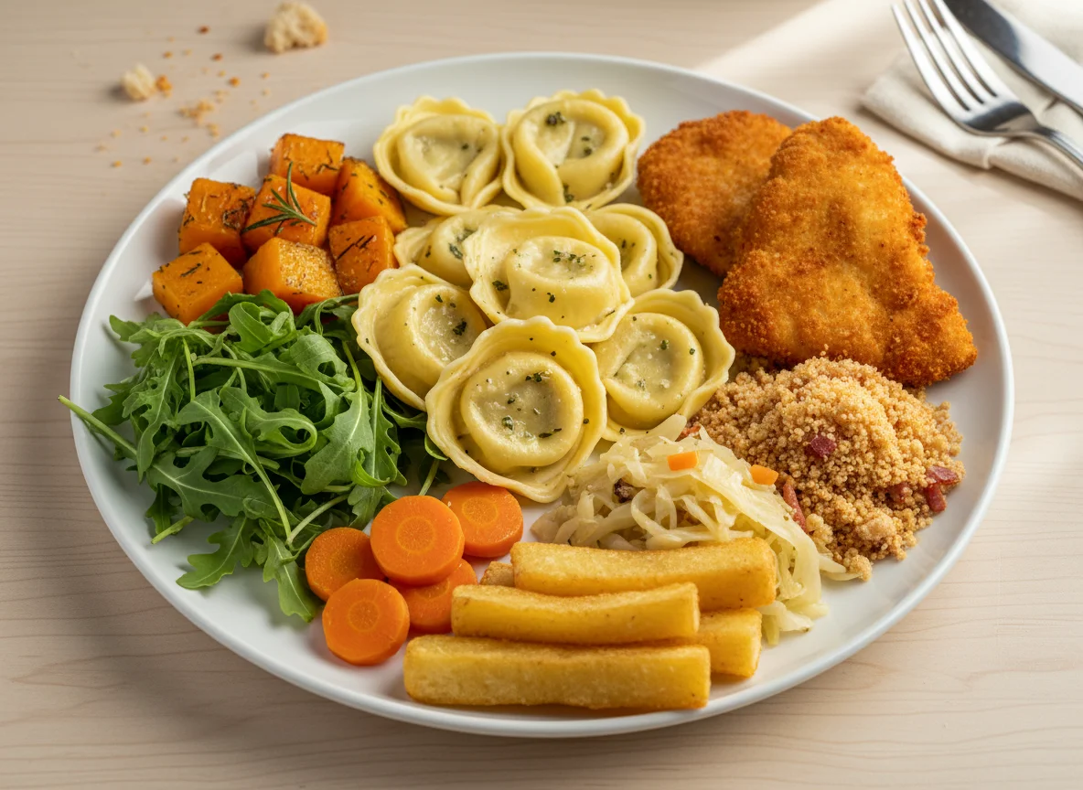 Prato variado com massa, salada e acompanhamentos photo