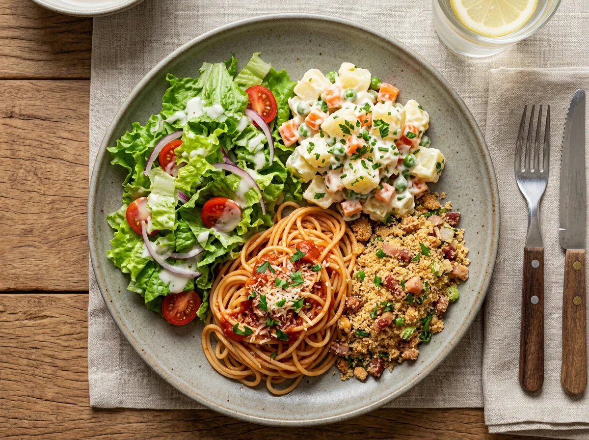 Prato variado com massa, salada e farofa photo