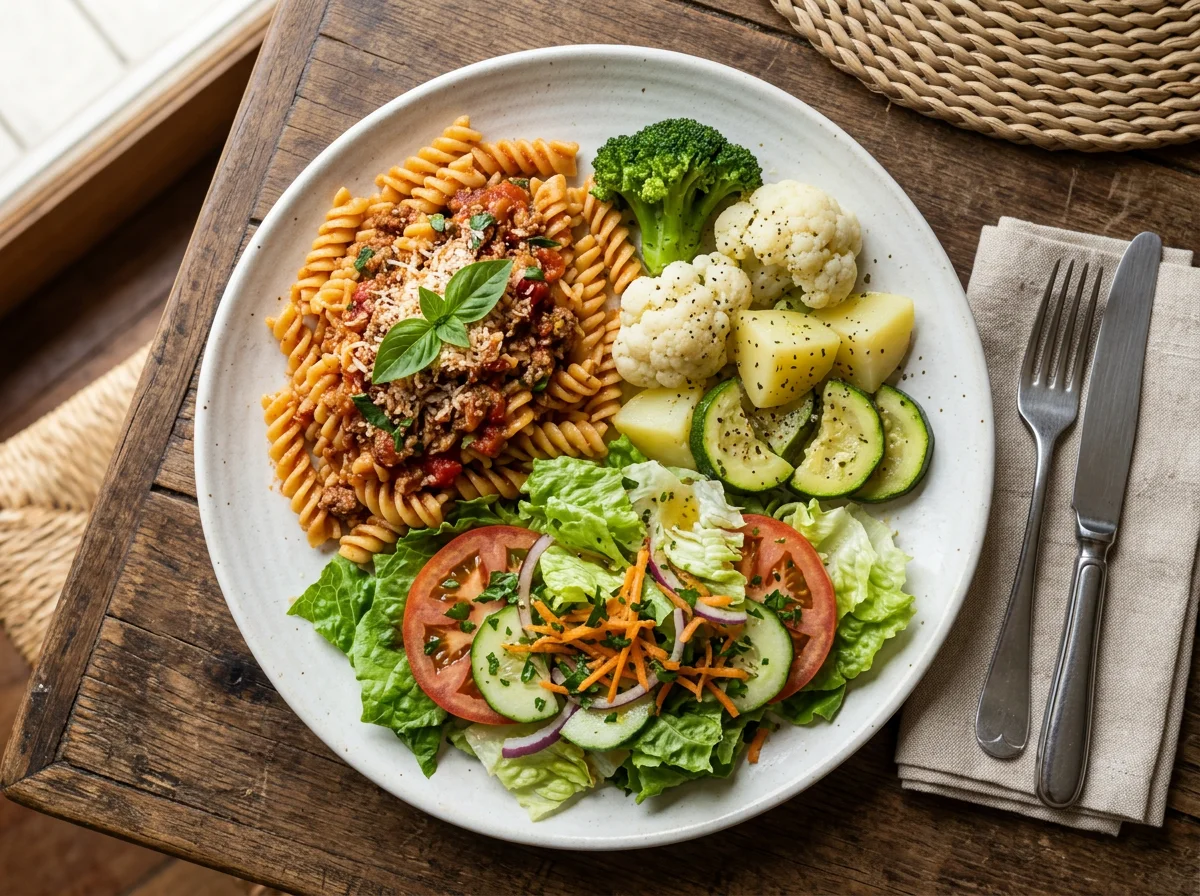 Prato variado com massa, vegetais e salada photo