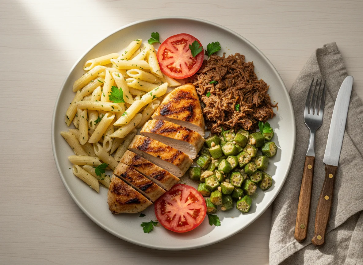 Prato variado com massas, carnes e vegetais photo