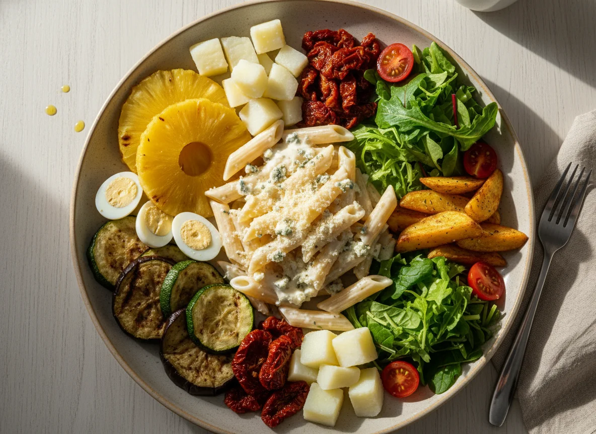 Prato variado com massas, vegetais e queijos photo