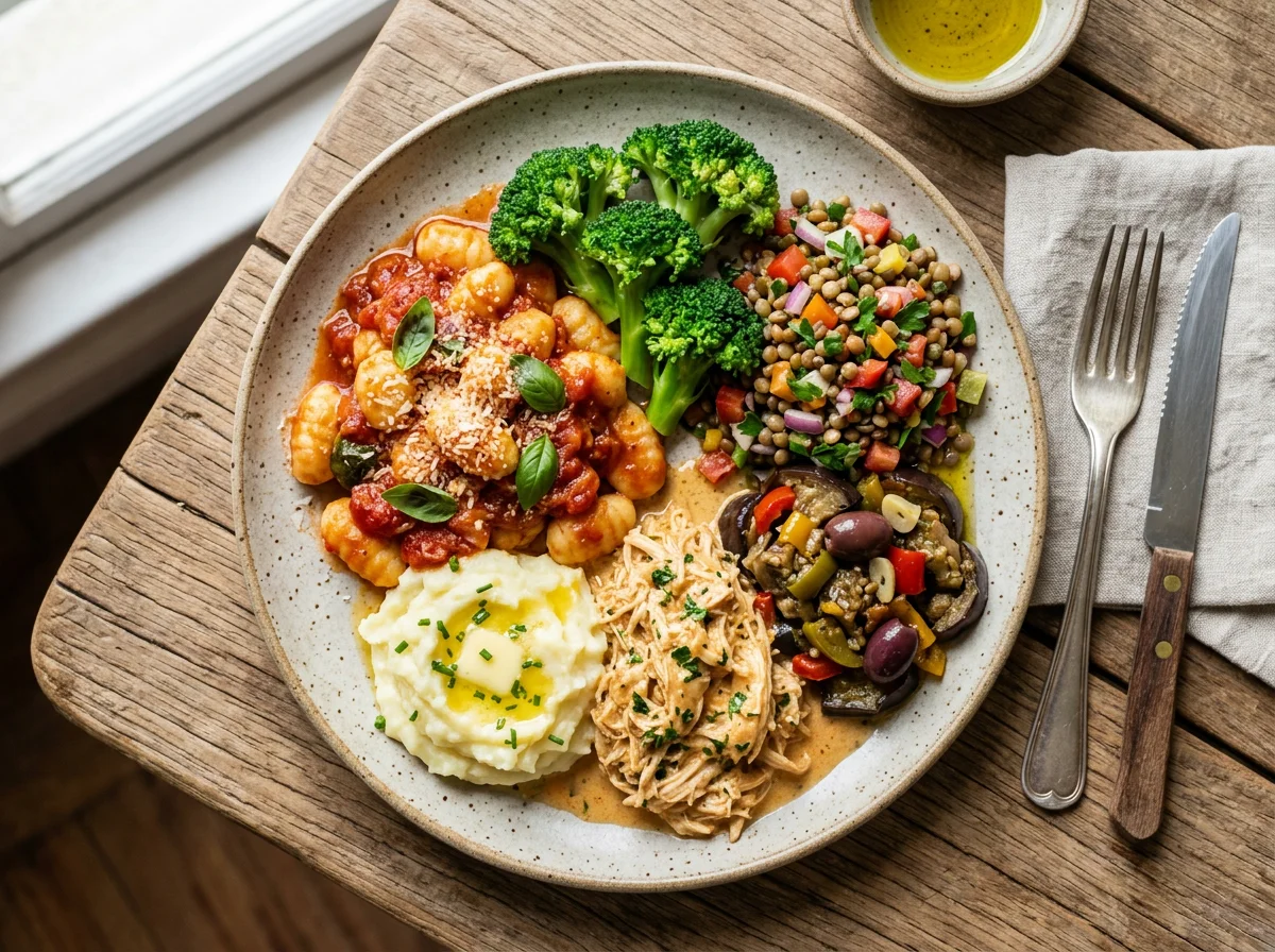 Prato variado com nhoque, brócolis e saladas photo