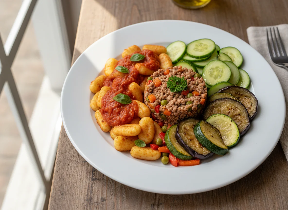 Prato variado com nhoque, carne moída e salada photo