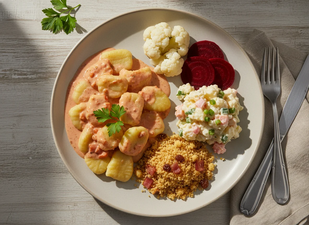 Prato variado com nhoque, salada de batata, farofa, couve-flor e beterraba photo