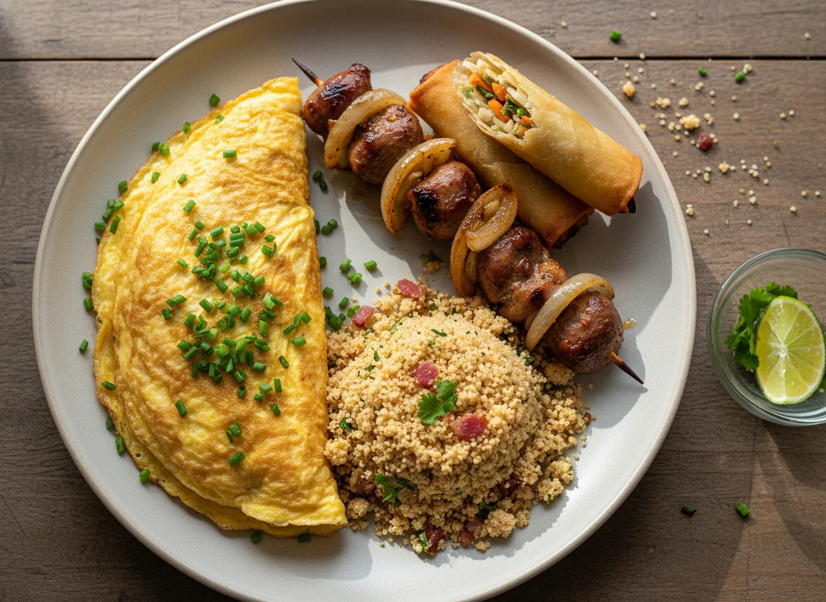 Prato variado com omelete, coração de frango, rolinho primavera e farofa photo