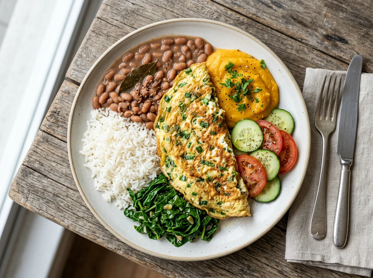 Prato variado com omelete e feijão photo