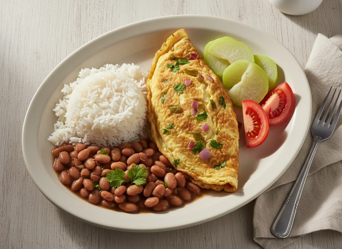 Prato variado com omelete, feijão, arroz e legumes photo
