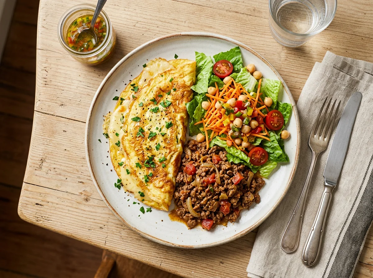 Prato variado com omelete, salada e carne moída photo