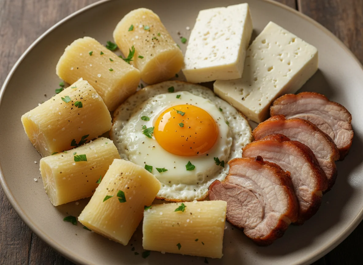 Prato variado com ovo, carne de porco, queijo e mandioca photo