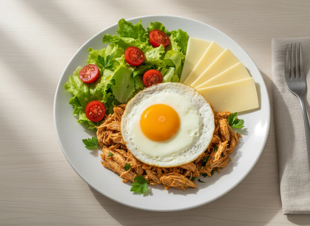 Prato variado com ovo, frango desfiado, queijo e salada photo