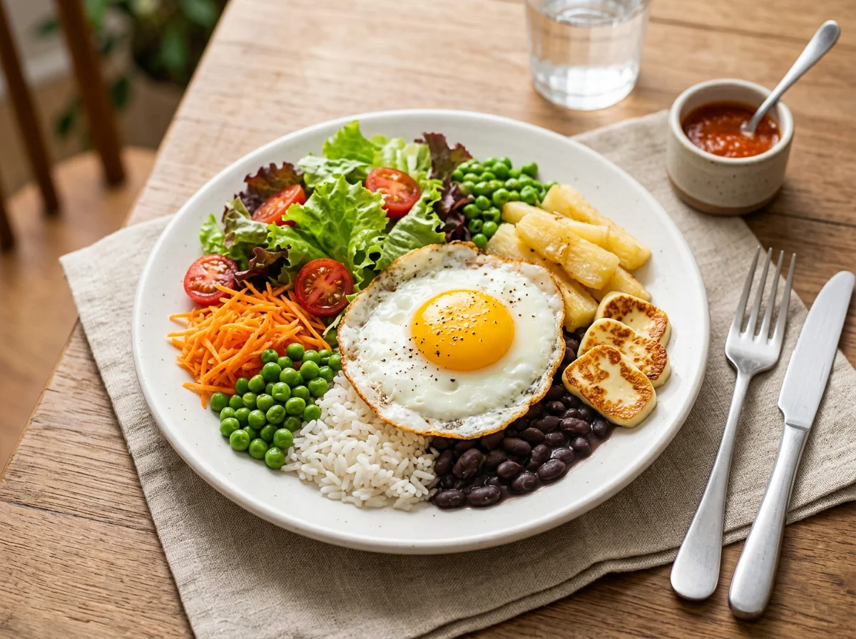 Prato variado com ovo frito e salada photo