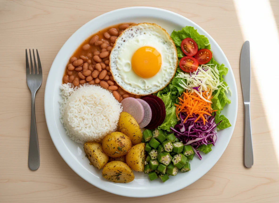 Prato variado com ovo frito, feijão, arroz e salada photo
